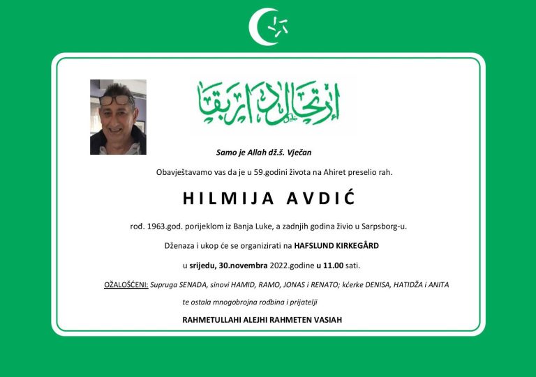 Dženaza: rahmetli Hilmija Avdić, srijeda, 30.11.2022. u 11 sati