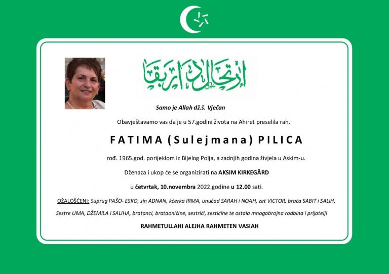 Dženaza: rahmetli Fatima Pilica, četvrtak, 10.11.2022., u 12.00 sati