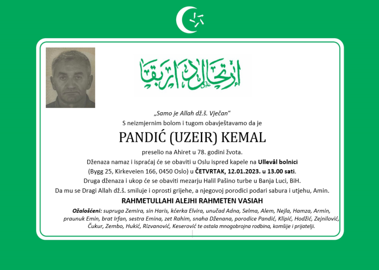 Dženaza: rahmetli Kemal Pandić, četvrtak, 12.01.2023 u 13.00 a Ullevål bolnici