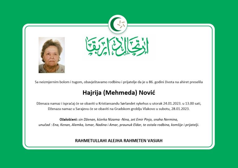 Dženaza: rahmetli Hajrija Nović, utorak, 24.01.2023. u 13.00 h