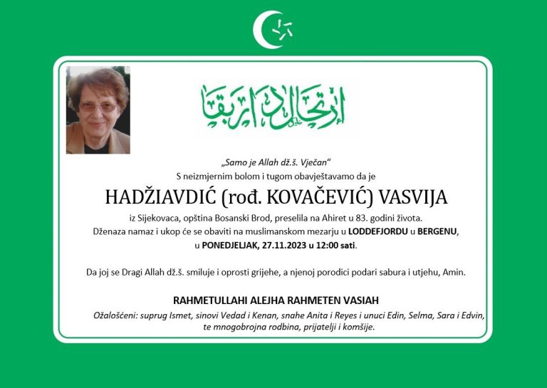 DŽENAZA: rahmetli Vasvija Hadžiavdić, ponedjeljak, 27.11. u 12:00h