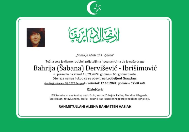 DŽENAZA: rahmetli Bahrija Dervišević – Ibrišimović, četvrtak 17.10.2024. u 12.00h