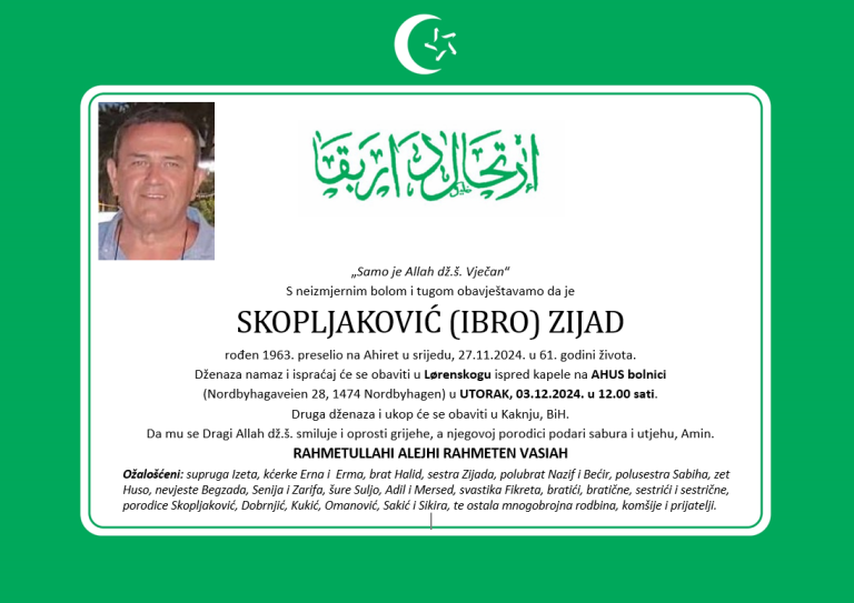 DŽENAZA: rahmetli Zijad Skopljaković, utorak 03.12. AHUS bolnica