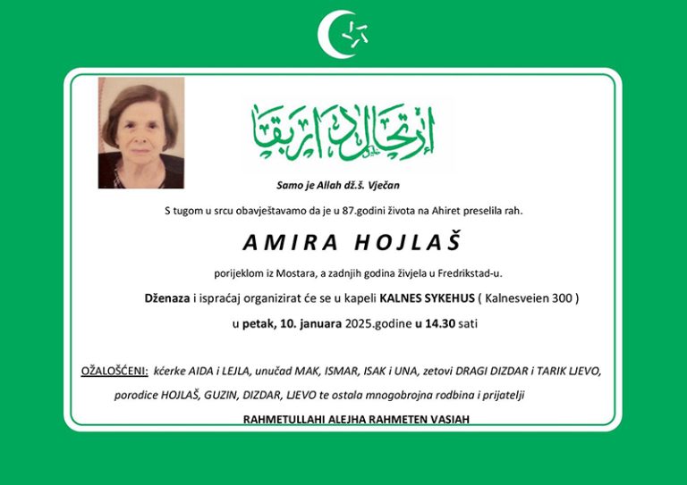 DŽENAZA: rahmetli Amira Hojlaš, petak 10.01.2025., u 14:30h