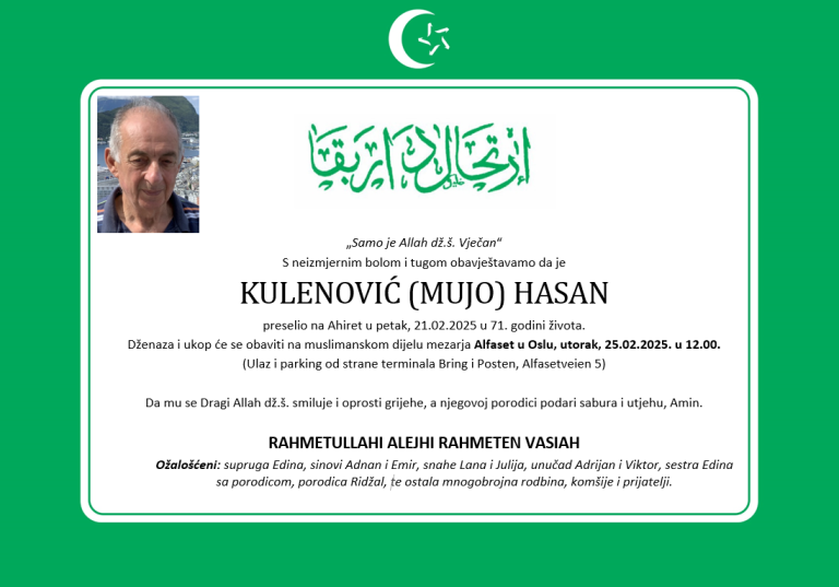 DŽENAZA: rahmetli Hasan Kulenović, utorak 25.02. u 12.00 na Alfasetu