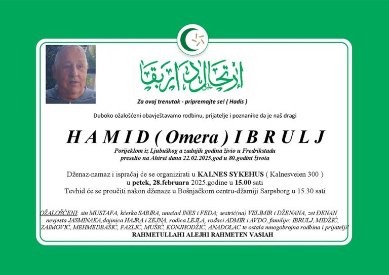 DŽENAZA: rahmetli Hamid Ibrulj, petak 28.02. u 15.00h