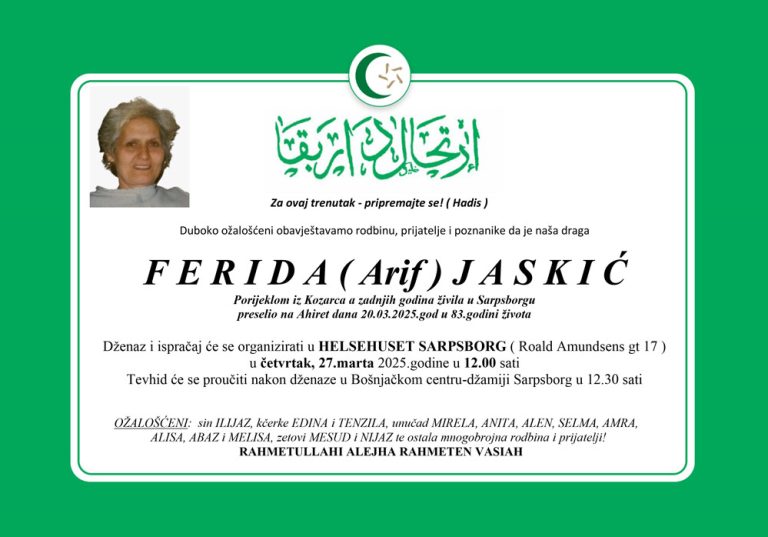 DŽENAZA: rahmetli Ferida Jaskić, četvrtak 27.03. u 12.00h