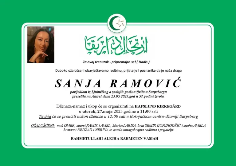 DŽENAZA: rahmetli Sanja Ramović, utorak 27.05. u 11.00 h