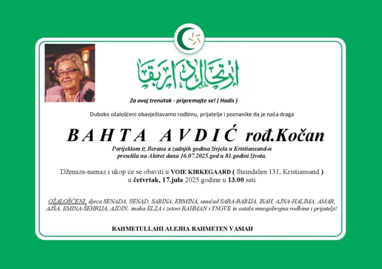 DŽENAZA: rahmetli Bahta Avdić, četvrtak 17.07. u 13:00h