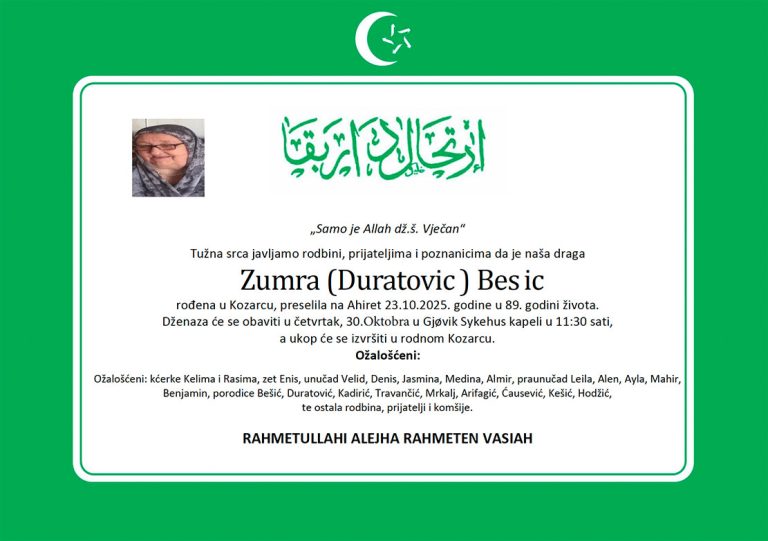 Rahmetli Zumra Bešić, četvrtak 30.10.2025., u 11:30h