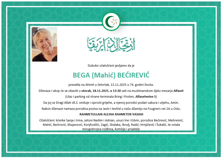 DŽENAZA: rahmetli Bega Bećirević, utorak 18.11. na Alfasetu u 13.30 sati