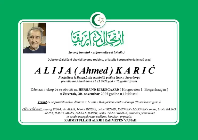 DŽENAZA: rahmetli Alija Karić, četvrtak 20.11.2025. u 10:00 sati