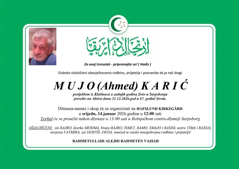 DŽENAZA: rahmetli Mujo Karić, srijeda 14.01. u 12.00 sati