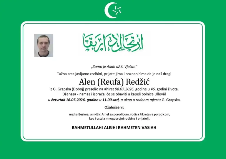 DŽENAZA: rahmetli Alen Redžić, četvrtak, 16.07., u 11:00h