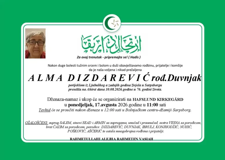 DŽENAZA: rahmetli Alma Dizdarević, ponedjeljak, 17.08., u 11:00h