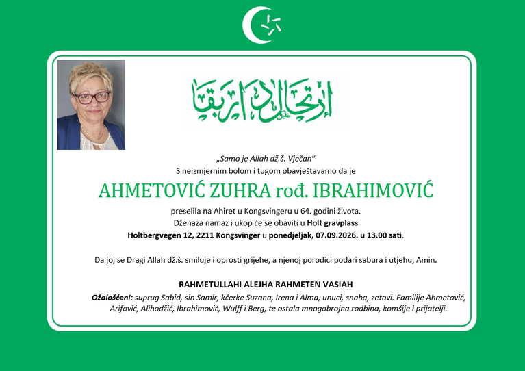 DŽENAZA: rahmetli Ahmetović Zuhra, ponedjeljak, 07.09., u 13:00h