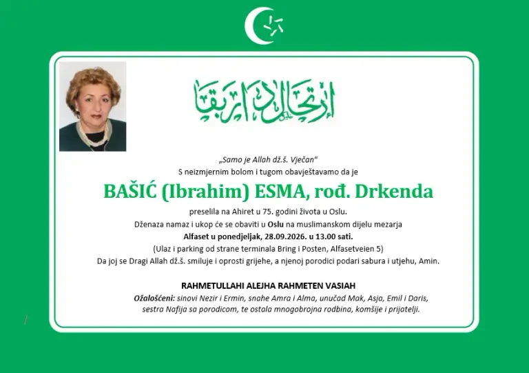 DŽENAZA: rahmetli Bašić Esma, ponedjeljak, 28.09., u 13:00h