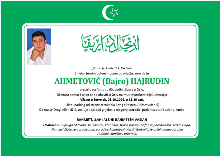 DŽENAZA: rahmetli Ahmetović Hajrudin, četvrtak, 01.10., u 13:30h