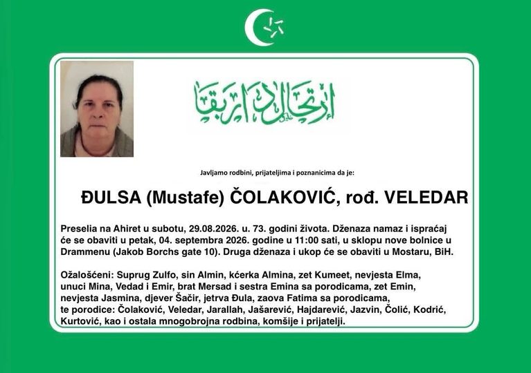 DŽENAZA: rahmetli Đulsa Čolaković, petak, 04.09., u 11:00h